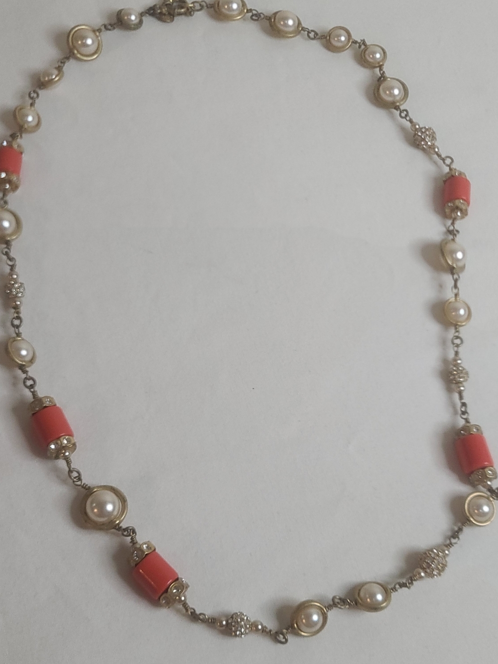J. Crew Faux Pearl Rhinestone and Coral Bead Necklace
